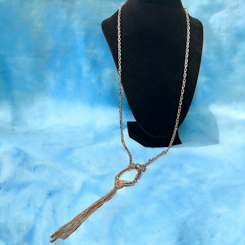 Silver-Tone & Gold Hammered Pendant Tassle 33 3/8 Inch Necklace!